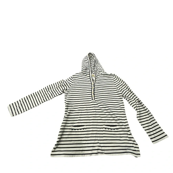 EUC Talbots black and white striped tunic jacket 1/2 zip hoodie Large - Picture 1 of 5